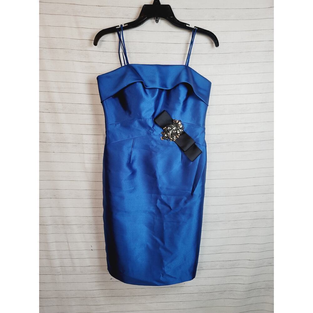 JS Collections Beaded Twill Strapless Sheath Dress in Peacock Blue, sz 8P
